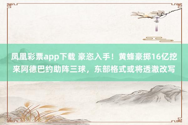 凤凰彩票app下载 豪恣入手！黄蜂豪掷16亿挖来阿德巴约助阵三球，东部格式或将透澈改写
